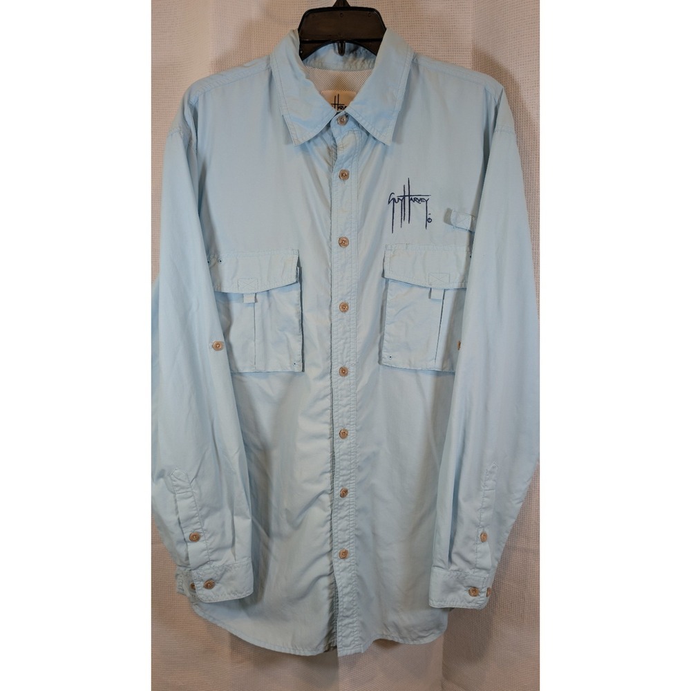 Guy Harvey Men's Light Blue Long Sleeve Vented Fishing Shirt Utility Pockets Lrg